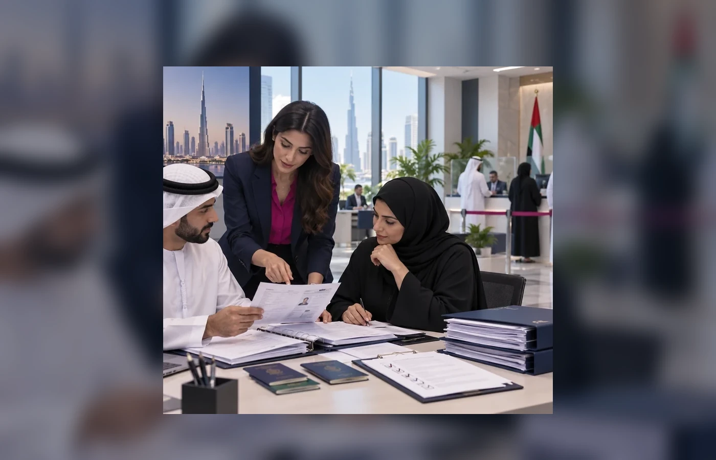 Business professionals collaborating on office documents
